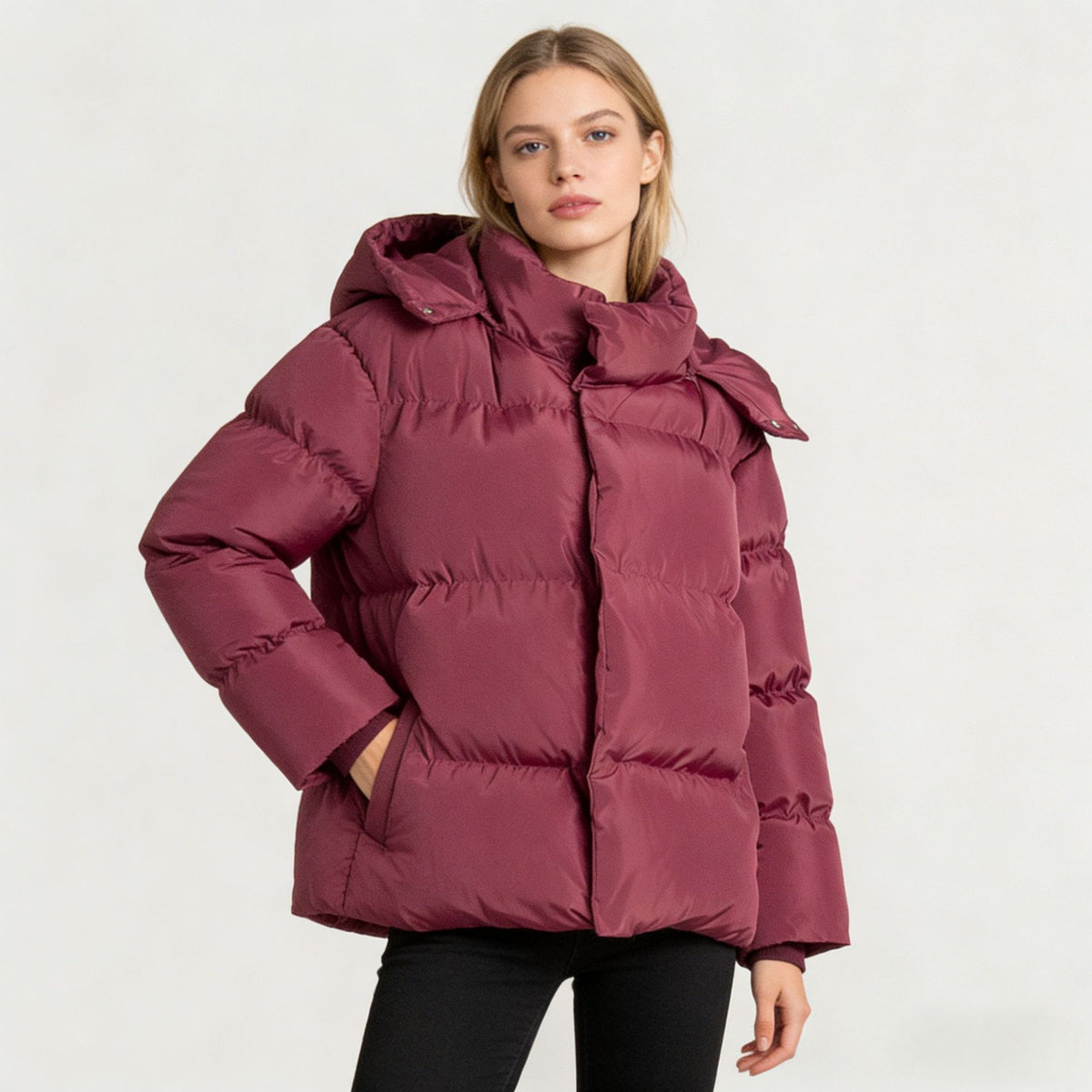 Women’s hooded puffer cotton jacket, quilted wine-red with full-length zipper