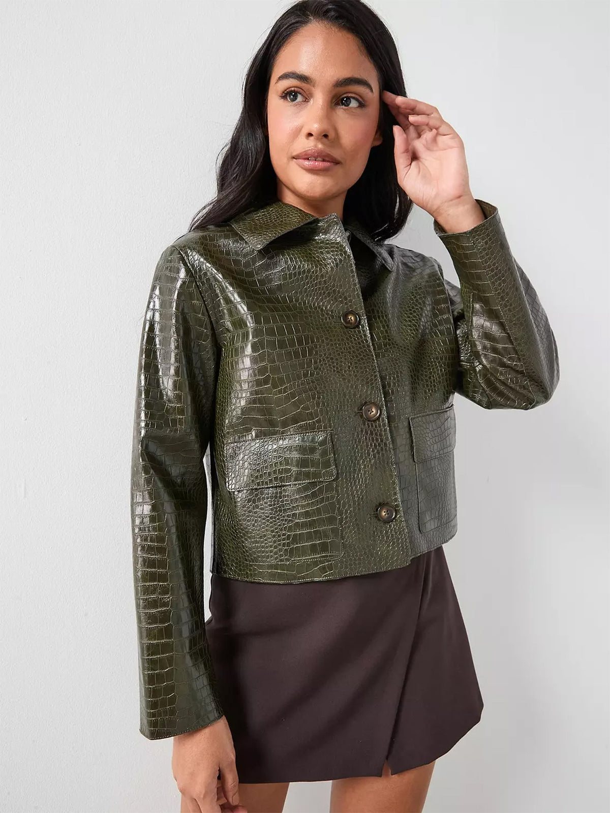 Croc Faux Leather Jacket for Women — Cropped Button Front with Chest Pockets