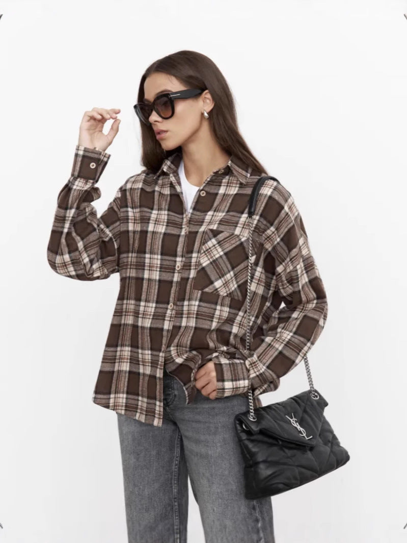 Brown plaid long-sleeve shirt jacket with button front, turn-down collar, chest pocket.