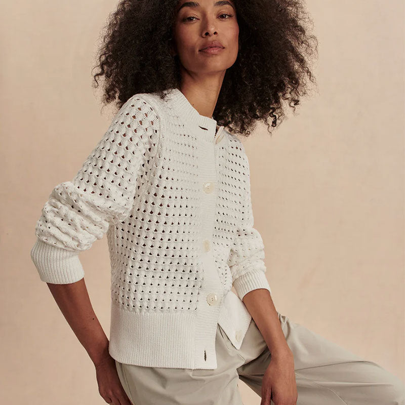 White openwork knit cardigan with button placket and ribbed cuffs, round neck long sleeves
