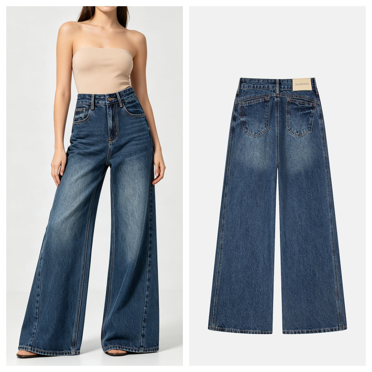 Women's dark blue wide-leg denim jeans, mid-rise waist, full-length 5-pocket design