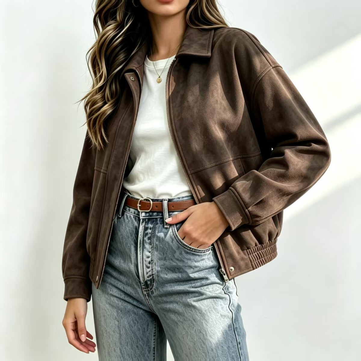 Dark brown suede lapel zipper jacket with ribbed cuffs and side pockets