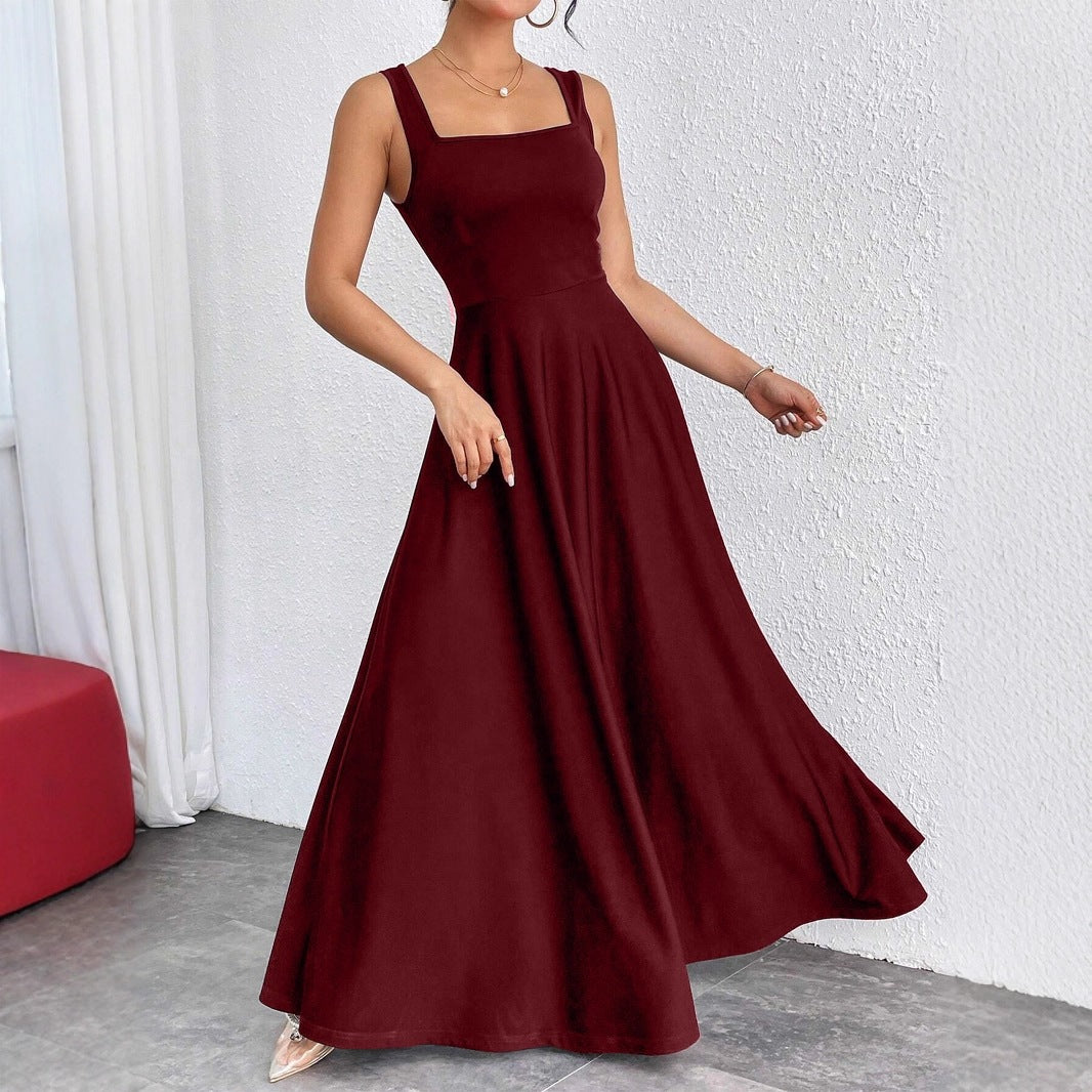 Women's square-neck sleeveless maxi dress in burgundy with pleated flared skirt