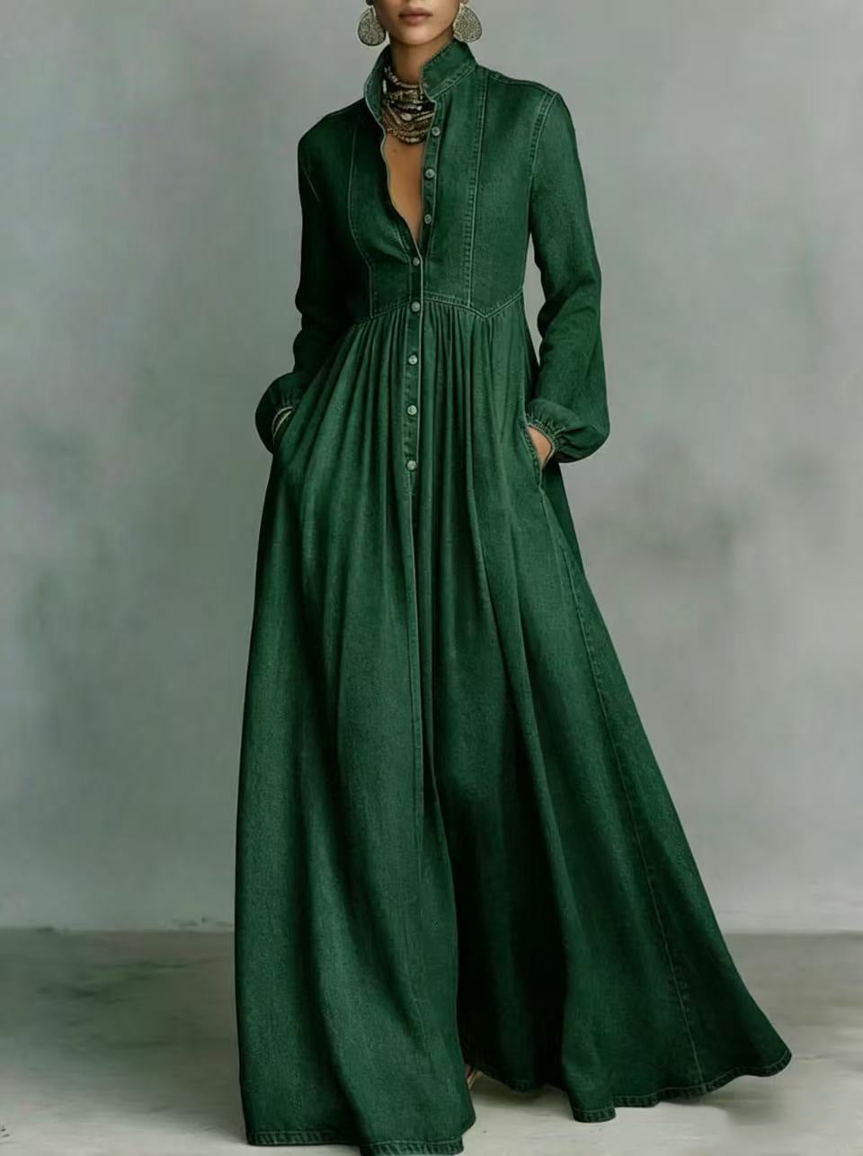Dark green long denim maxi dress with V-neck, button front, long sleeves, gathered waist