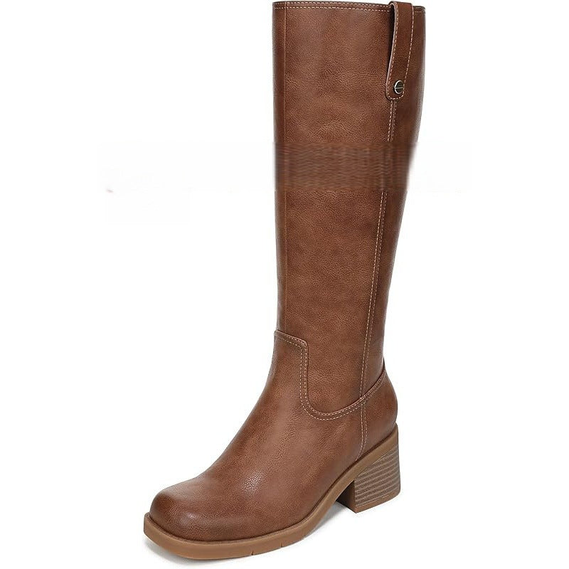 Brown knee-high riding boots with side pull tab and stacked block heel