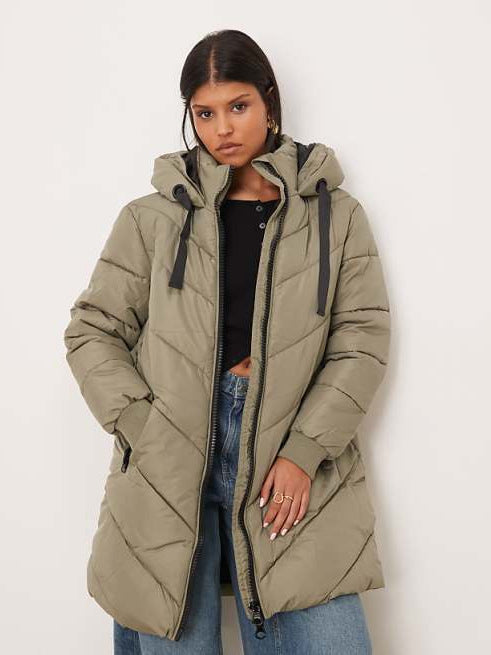 Olive long puffer down jacket with hood, front zipper, and side pockets.