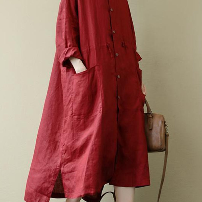 Linen Shirt Dress — Oversized Midi Style with Button Front and Patch Pockets
