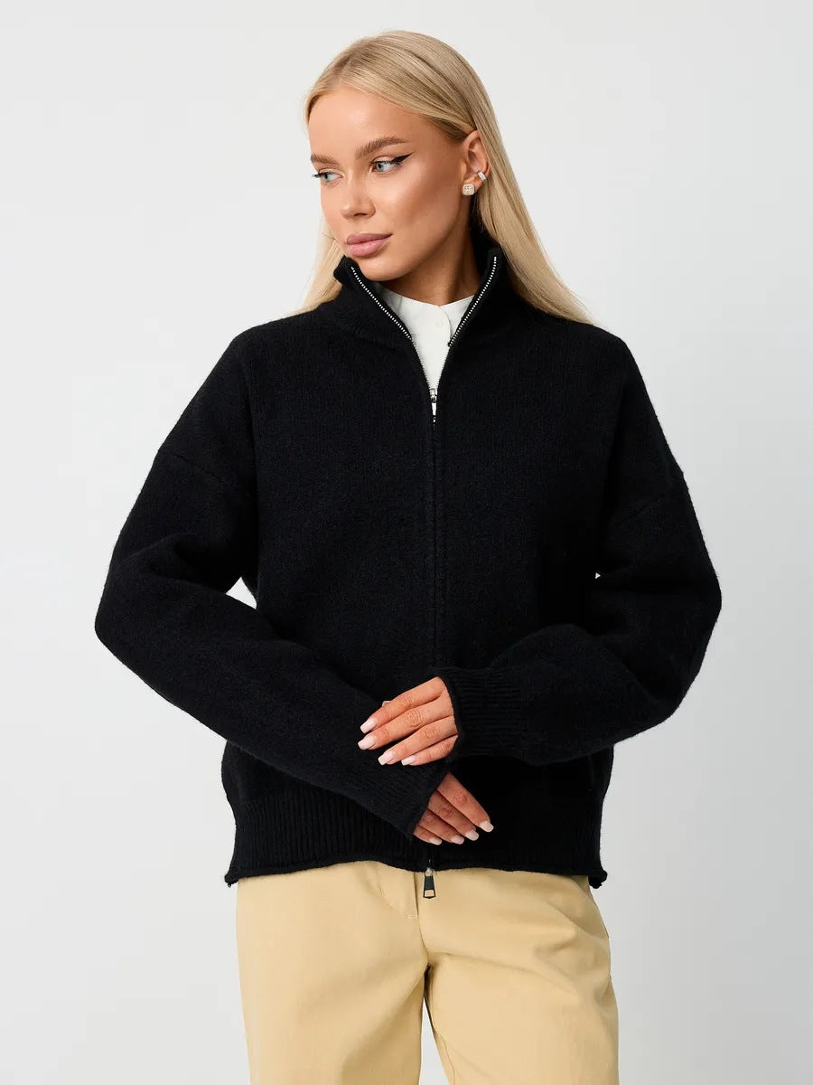 Women’s black knitted stand-up collar cardigan with front zipper and ribbed cuffs