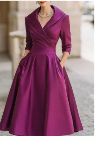 Women’s waist-cinching dress, purple, long sleeves, V-neck, gathered A-line skirt.