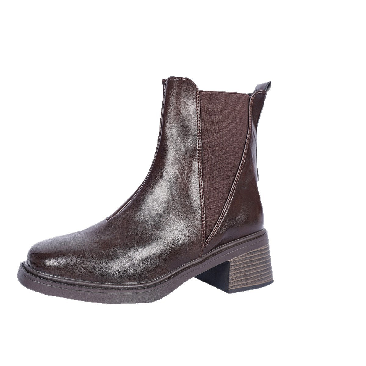 Women’s brown leather Chelsea boots, pointed toe, low block heel, elastic side panels