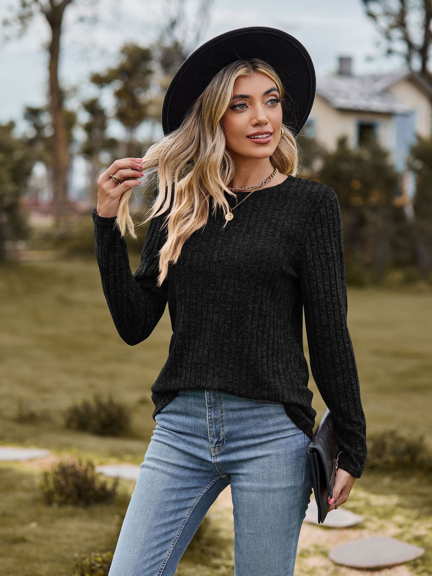 Heathered Ribbed Knit Top — Relaxed Long Sleeve Crewneck Style in Modal