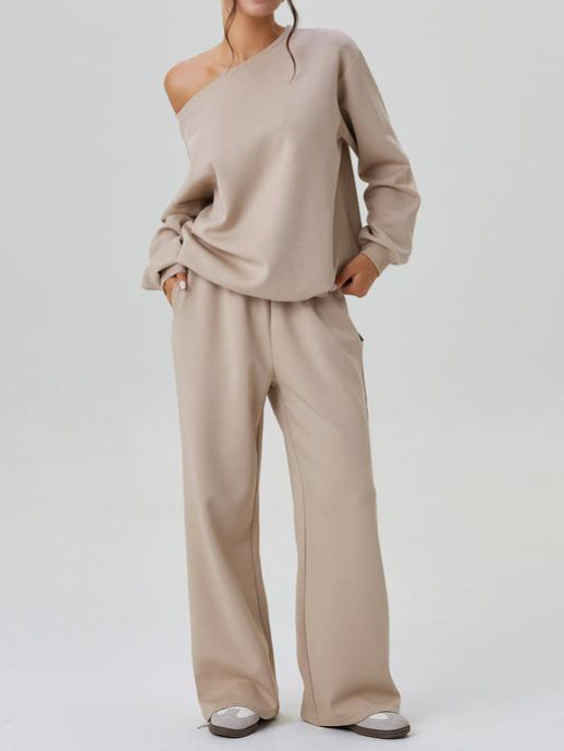 Beige oblique-shoulder long-sleeve top and wide-leg pants two-piece set