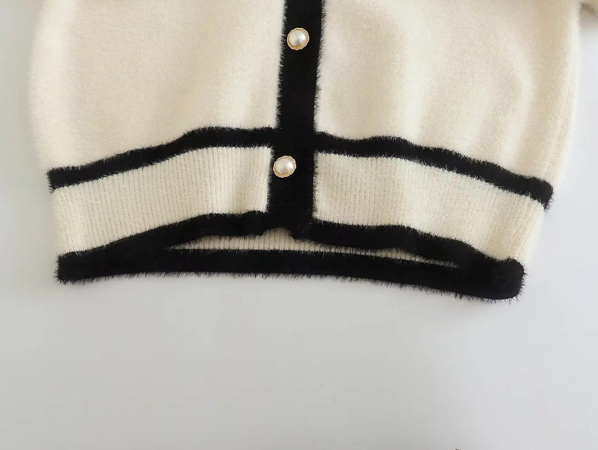 Mohair Cardigan for Women — V Neck Contrast Trim Knit with Pearl Buttons