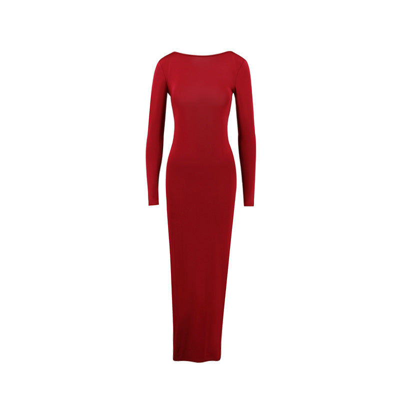 Red long-sleeve fitted maxi dress with smooth straight silhouette