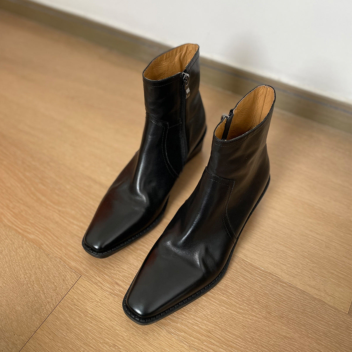 Women's black leather ankle boots, square toe, stacked block heel, back zipper detail