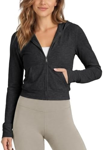 Women's full-zip short hoodie in dark gray with zip-front and kangaroo pocket