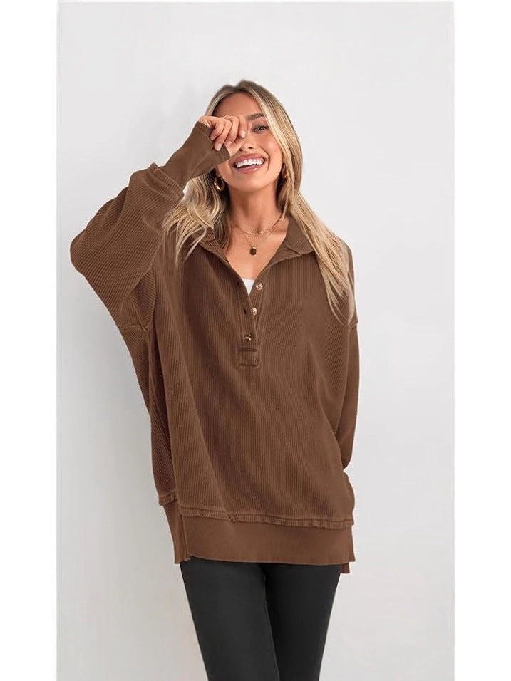 Brown hooded henley sweatshirt with button placket and loose raglan sleeves