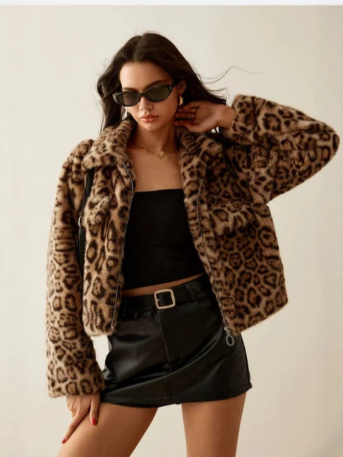 Leopard faux fur cropped jacket with collar, snap front, long sleeves