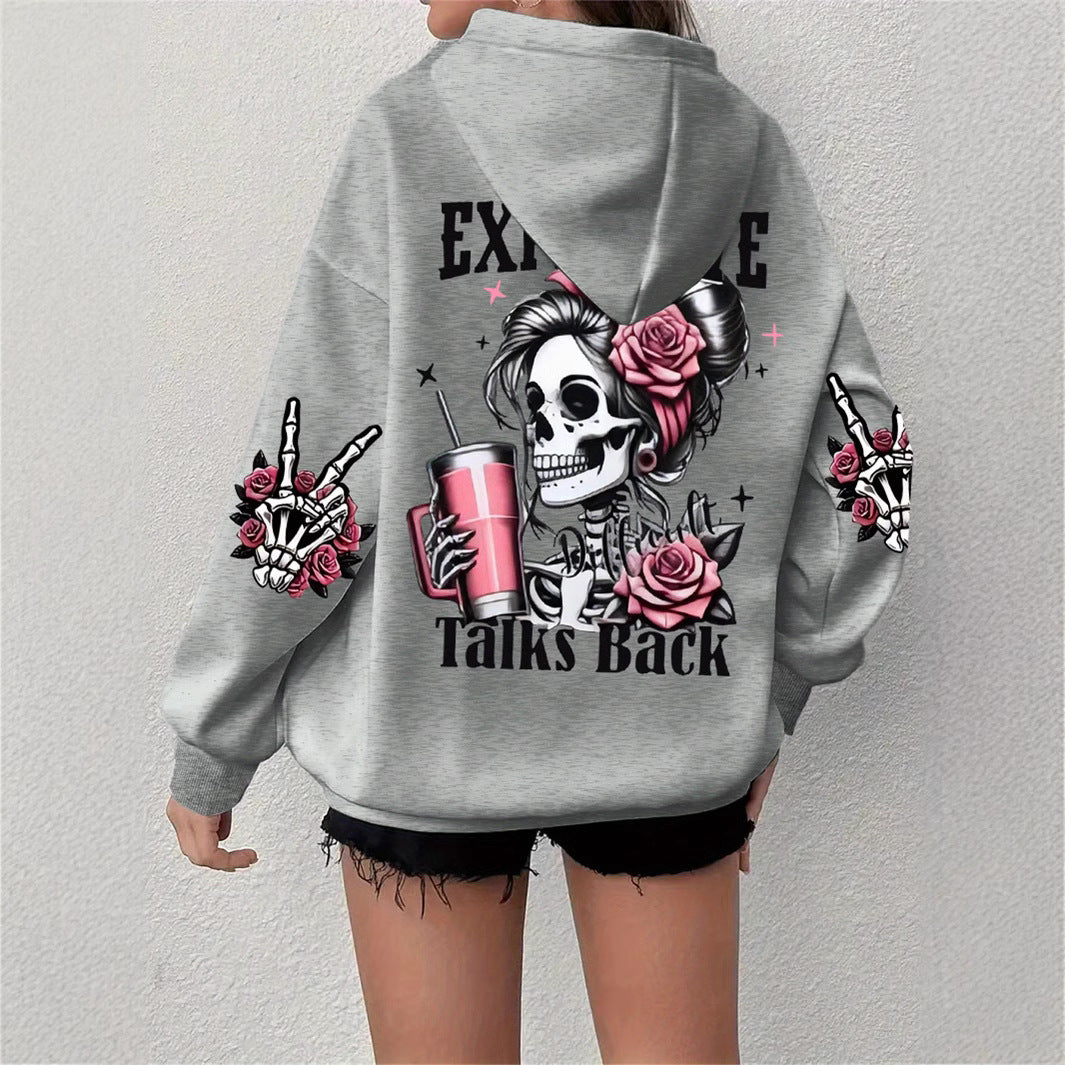 Grey hooded sweater with back skull and roses graphic, long sleeves