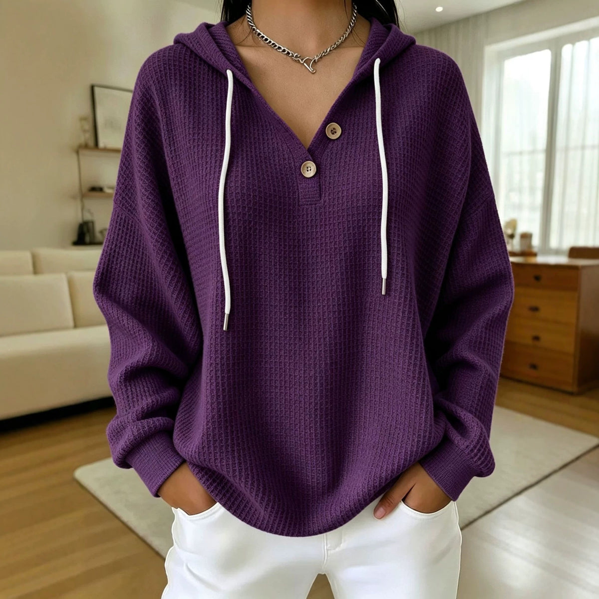 Women\u2019s waffle-knit drawstring hoodie with henley button placket, purple hood and long sleeves
