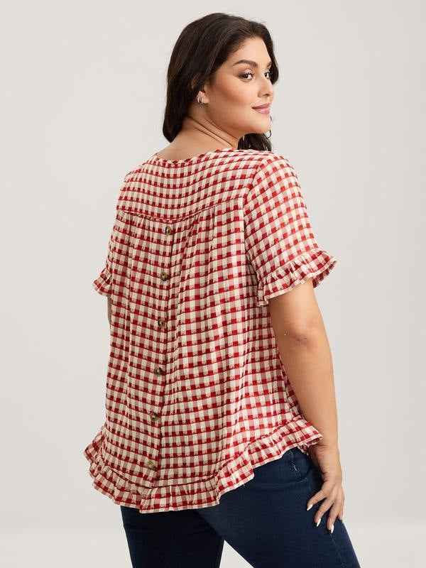 Gingham Blouse — Short Sleeve Ruffle Trim Top with a Back Button Placket in Cotton