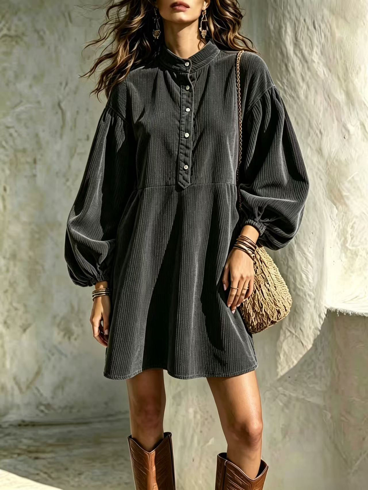 Dark gray corduroy dress with stand-up collar, button-front, and lantern sleeves