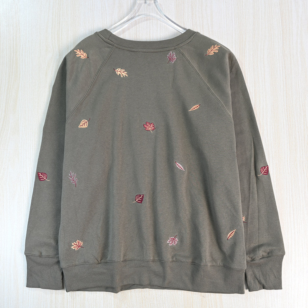 Embroidered Sweatshirt for Women — Crewneck Fleece Pullover with Autumn Leaf Detail
