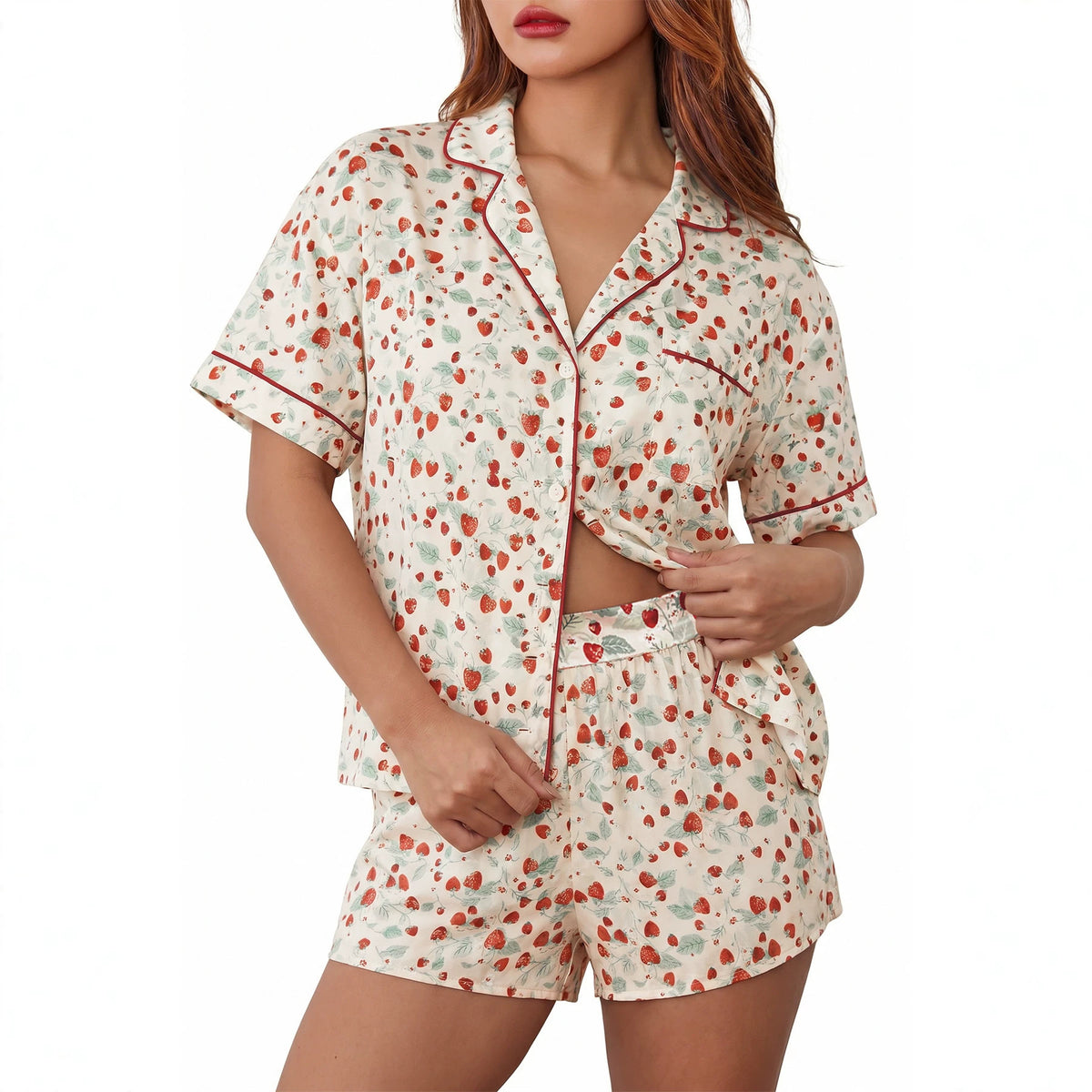 Women’s pajama set, white with red and green fruit print short-sleeve button cardigan