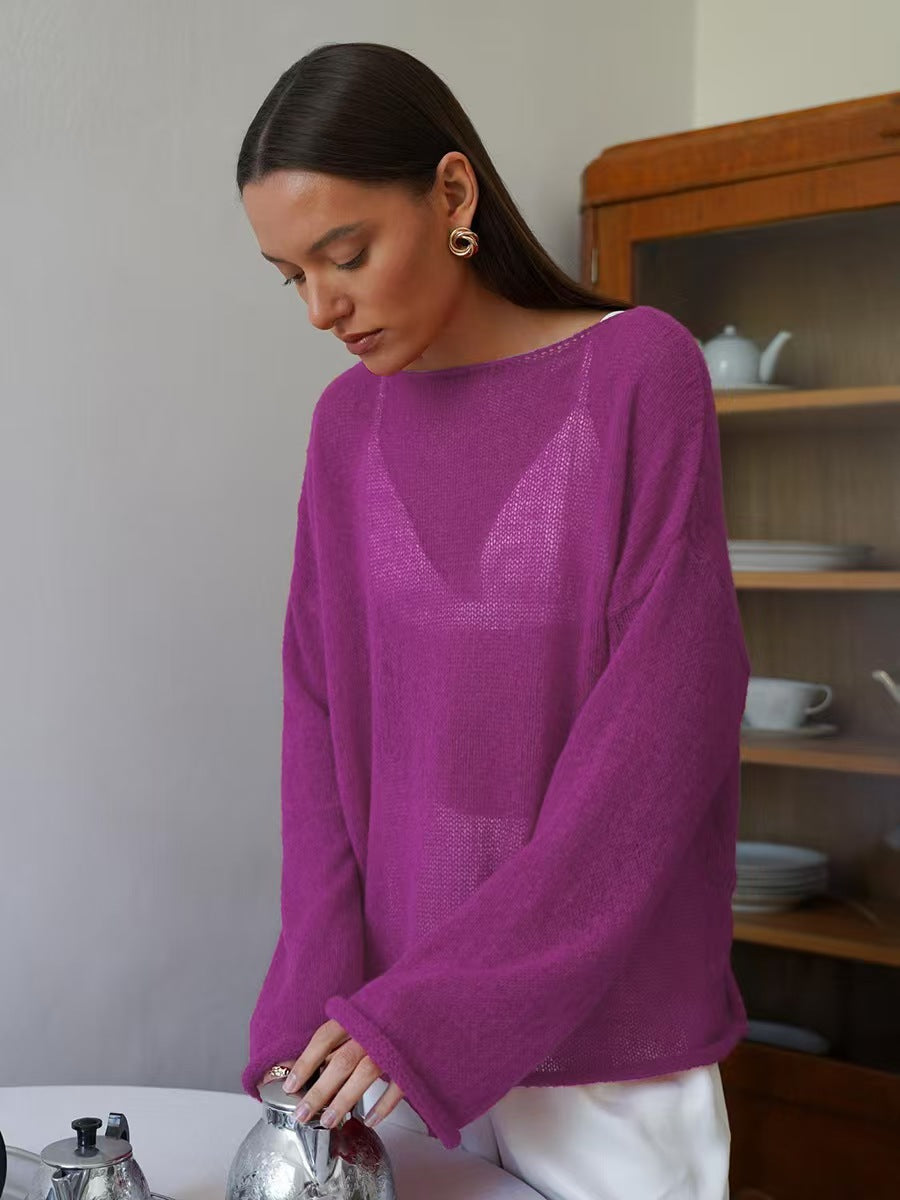 Women’s loose knit sweater, purple, round neck, long sleeves, sheer lightweight