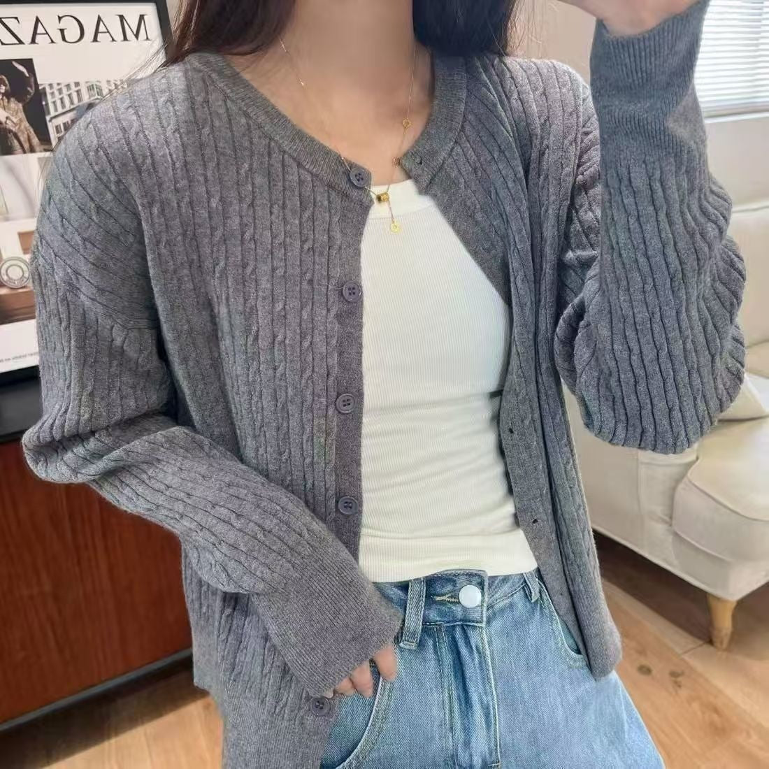 Cable Knit Cardigan Sweater for Women — Relaxed Oversized Button Up in Soft Cotton