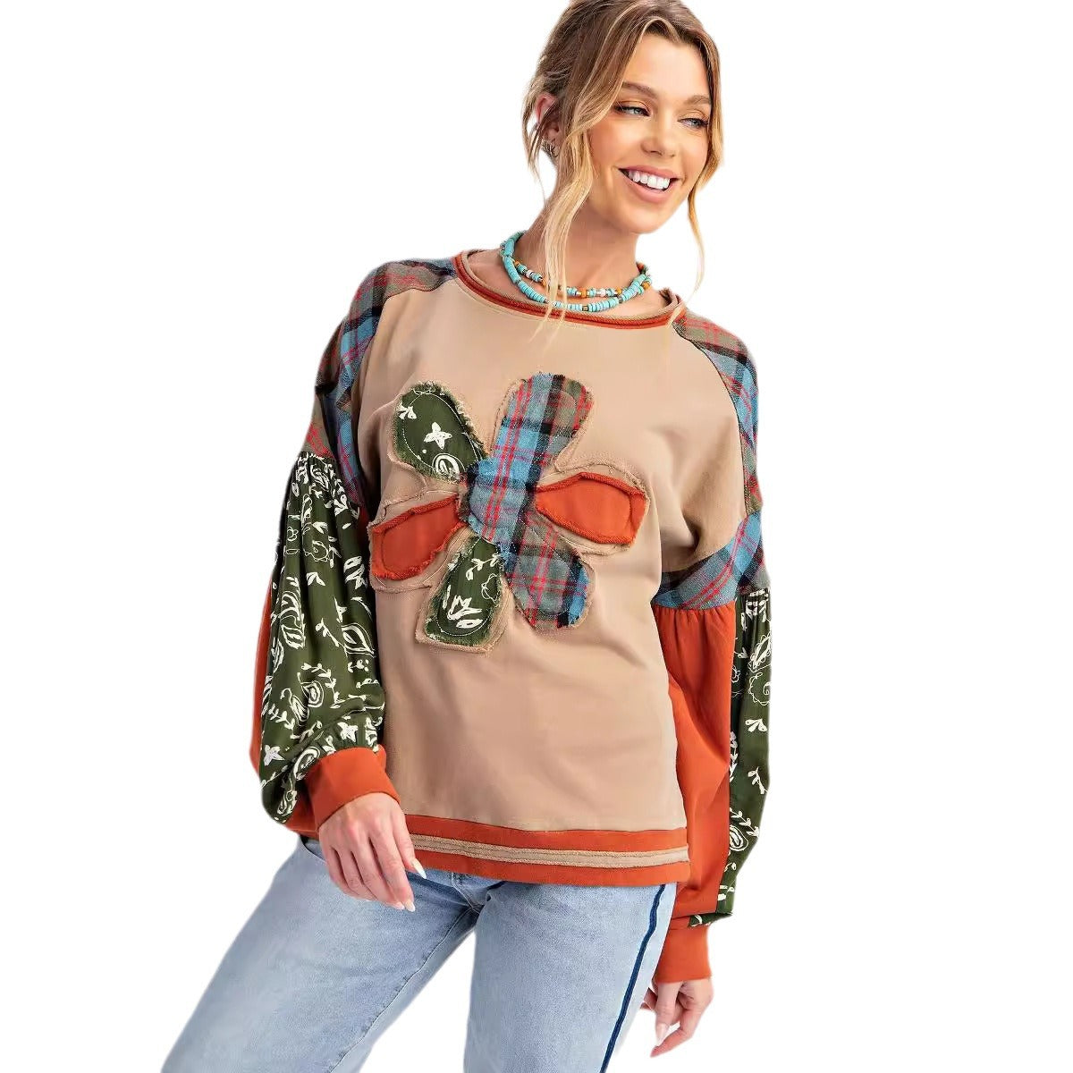Patchwork Sweatshirt for Women — Oversized Floral Applique Pullover in Soft Cotton