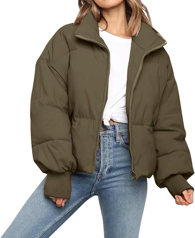 Women’s quilted cotton winter jacket, army green, full-zip with stand collar and ribbed cuffs