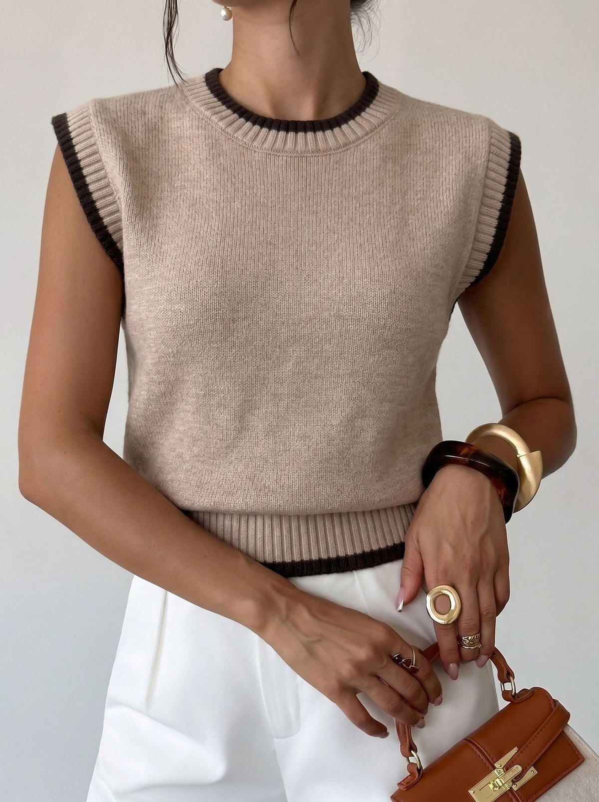 Sweater Vest for Women — Sleeveless Contrast Trim Knit Top in Soft Merino Wool