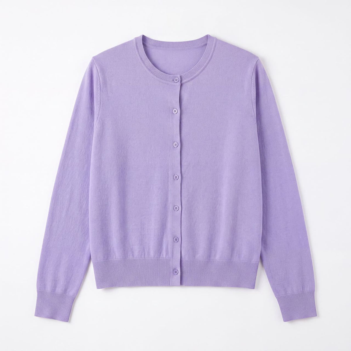 Women’s round-neck wool cardigan, lavender purple, button-front knit with long sleeves