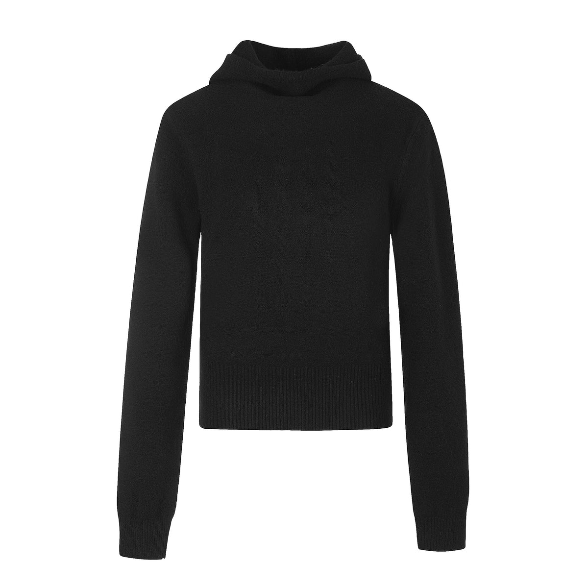 Black long-sleeve knit sweater with hood, ribbed hem and cuffs