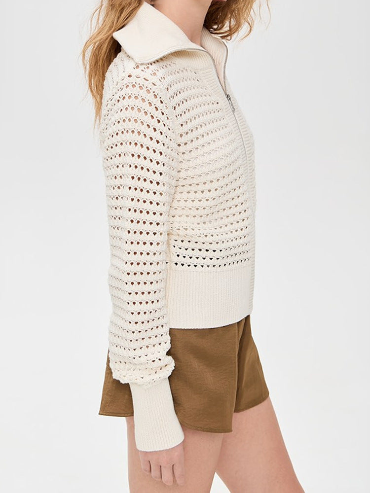 Open Knit Zip Up Cardigan for Women — Collared Eyelet Sweater Jacket in Soft Cotton