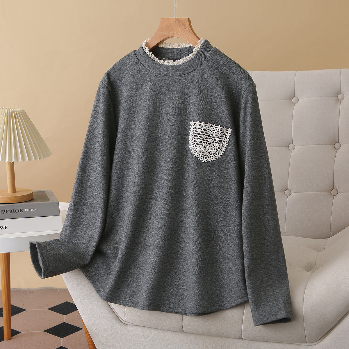 Fleece-lined base shirt in dark gray with faux lace neckline and textured heart chest pocket