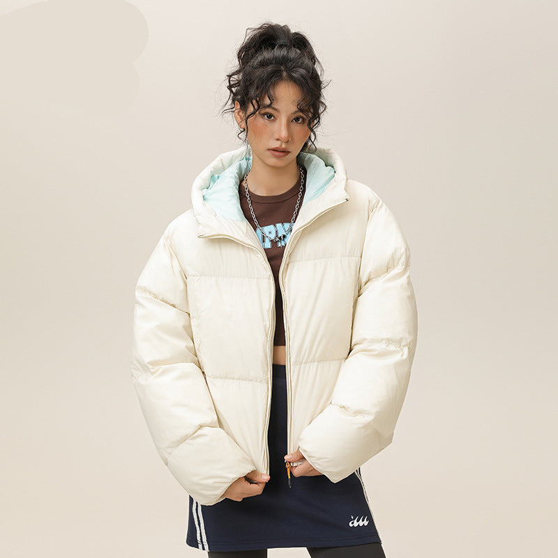 Ivory hooded puffer jacket, full-zip quilted short down coat