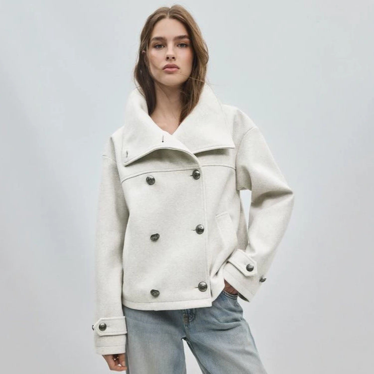 Pea Coat for Women — Short Double Breasted Wool with an Oversized Funnel Collar