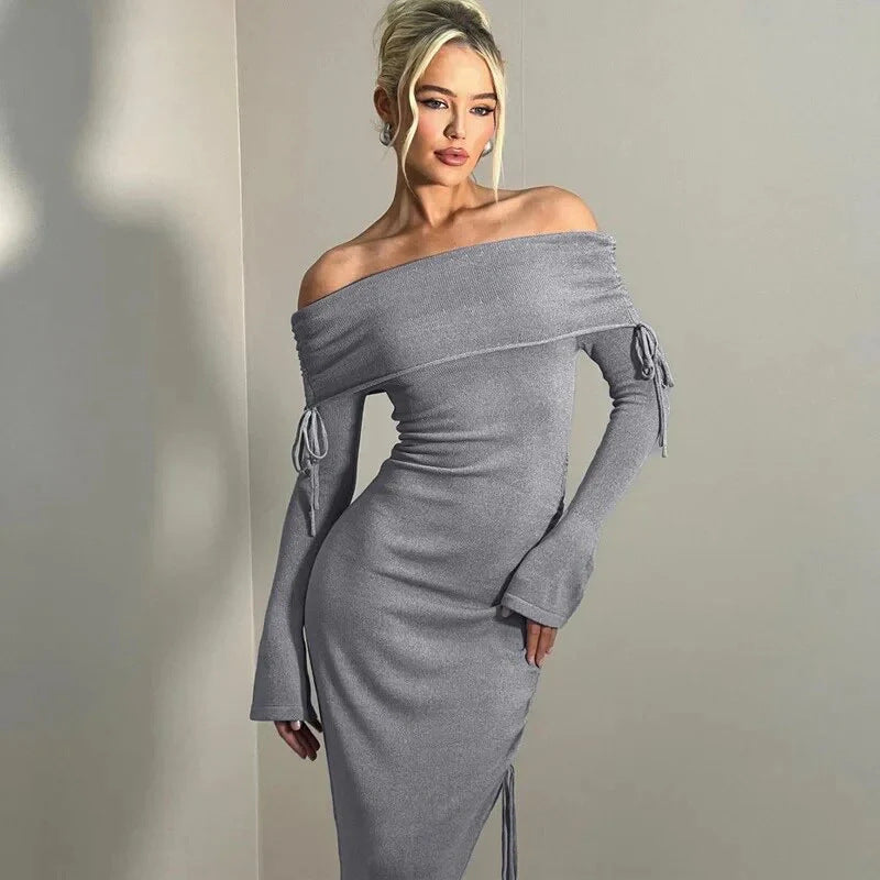 Off Shoulder Midi Dress — Ruched Bodycon with Asymmetric High Slit in Soft Jersey