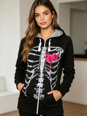 Skeleton Zip Up Hoodie for Women — Longline Y2K Graphic Print in Cotton Jersey