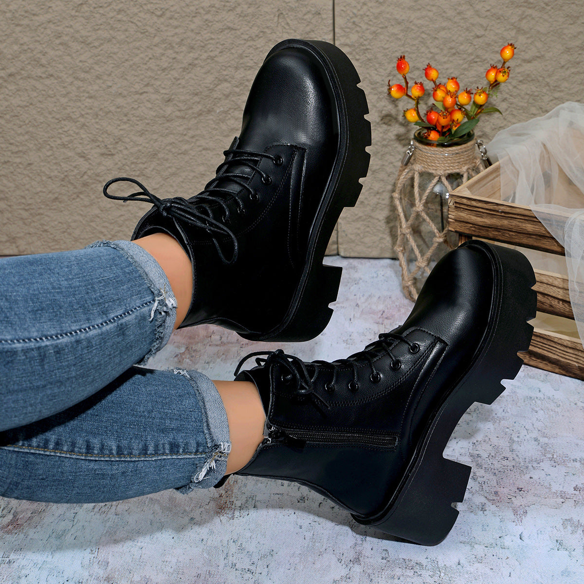 Combat Boots for Women — Chunky Lug Sole Platform Ankle Booties in Faux Leather