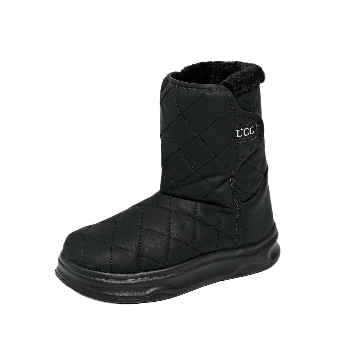 Women’s snow boots, black quilt mid-calf with fleece collar and UCC logo patch
