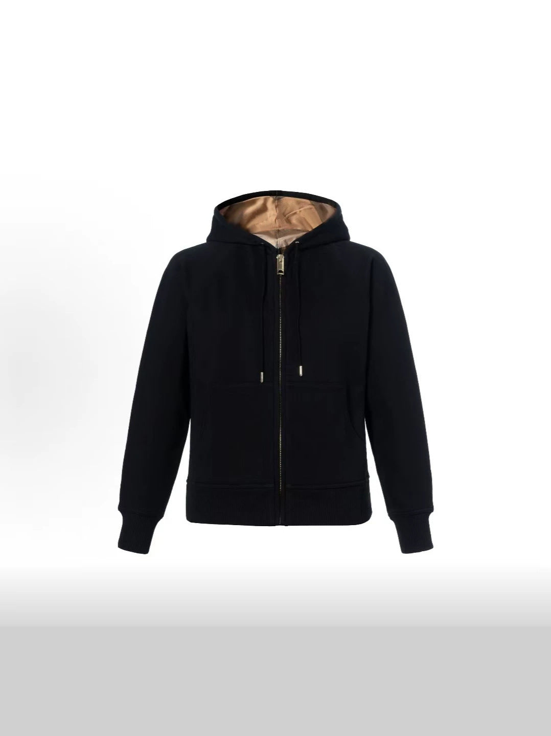 Black zip-up hooded sweatshirt jacket with drawstrings, full front view.