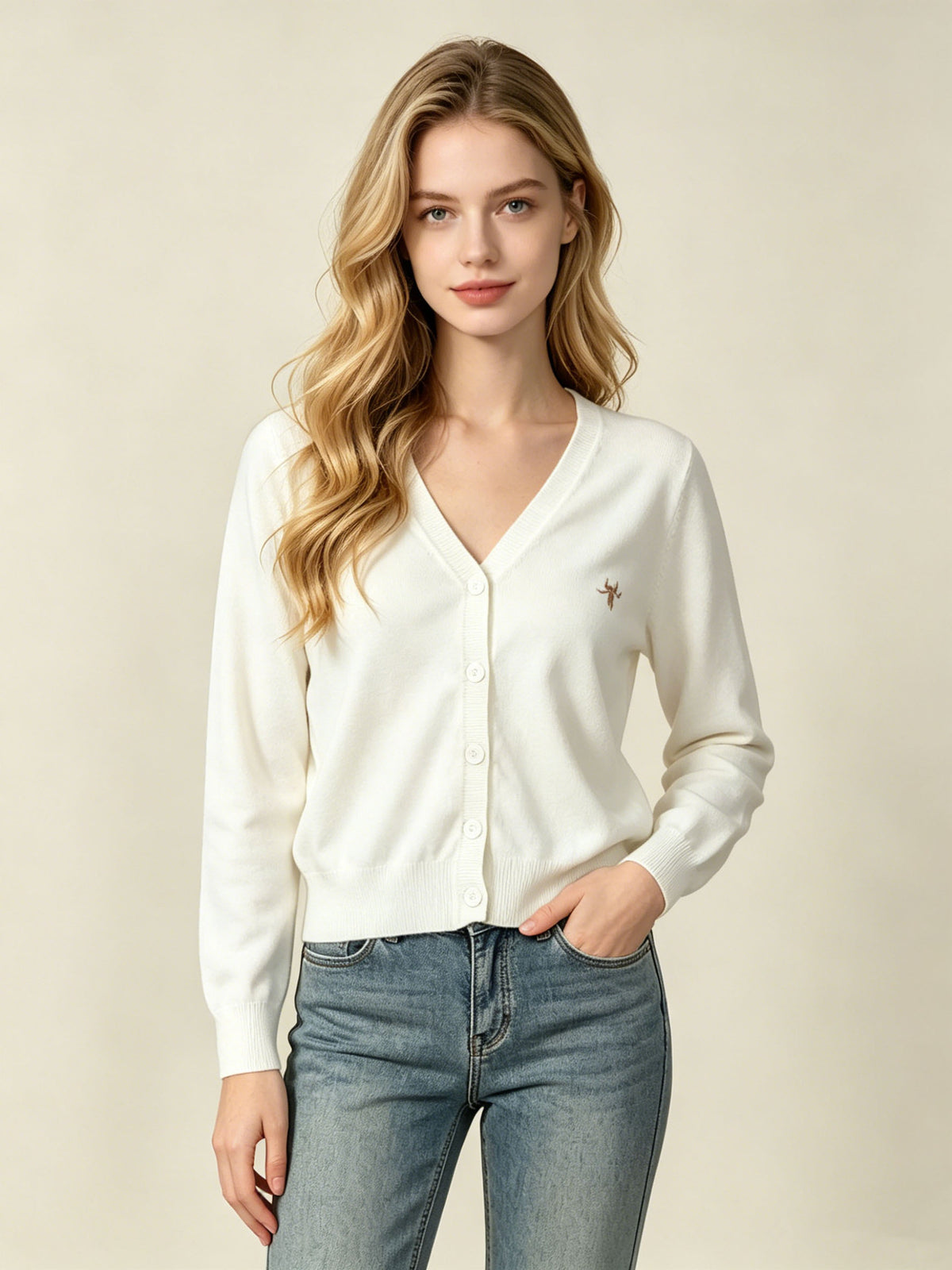 White knit V-neck button cardigan with small chest star embroidery