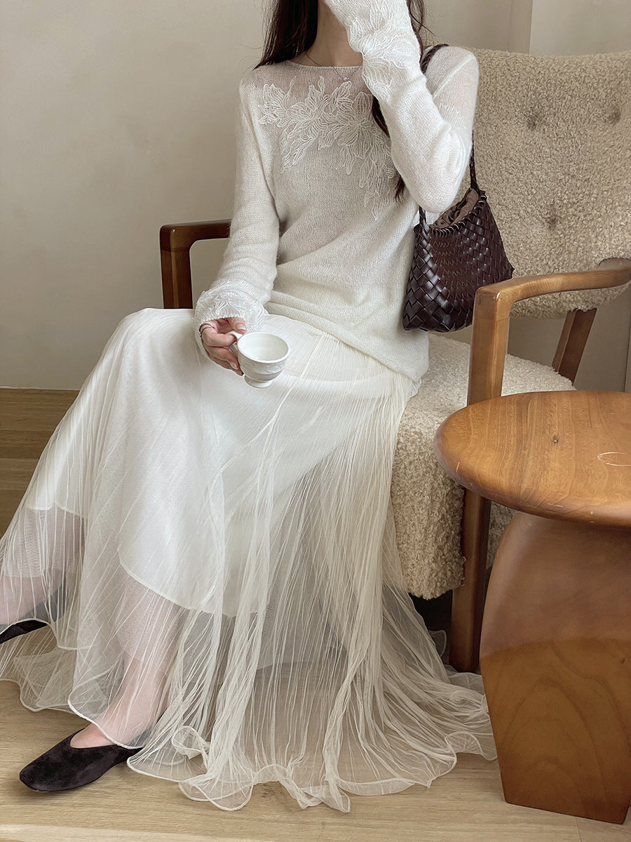 Long-sleeve knit top with floral embroidery, off-white, round neckline