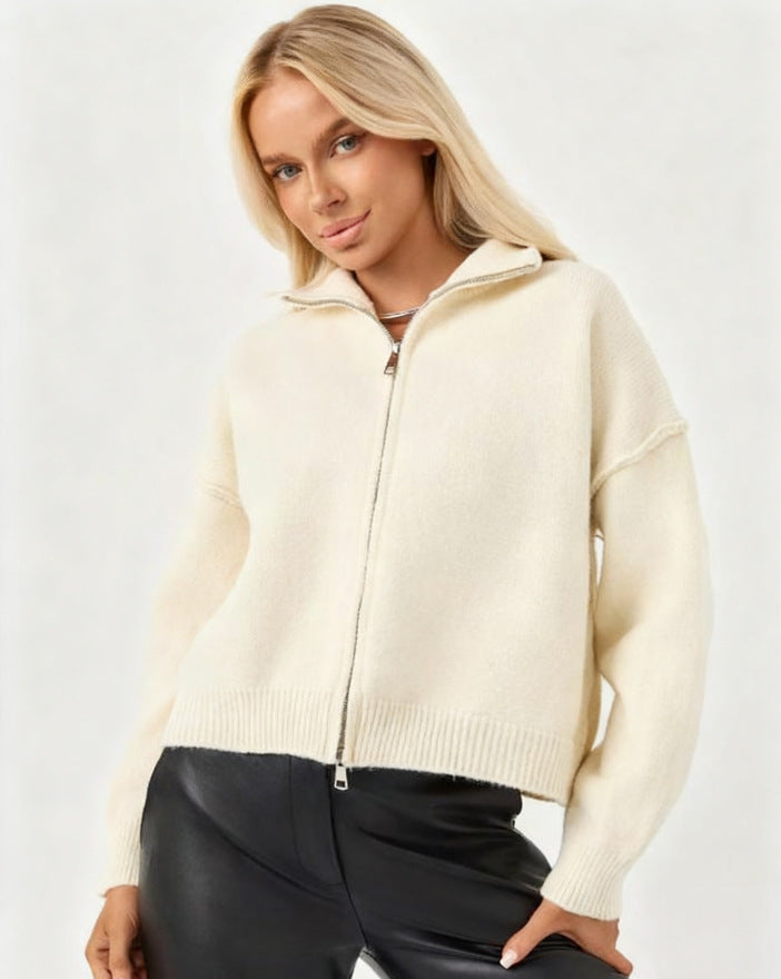 Zip Up Cardigan for Women — Oversized Stand Collar Knit in Soft Wool Blend