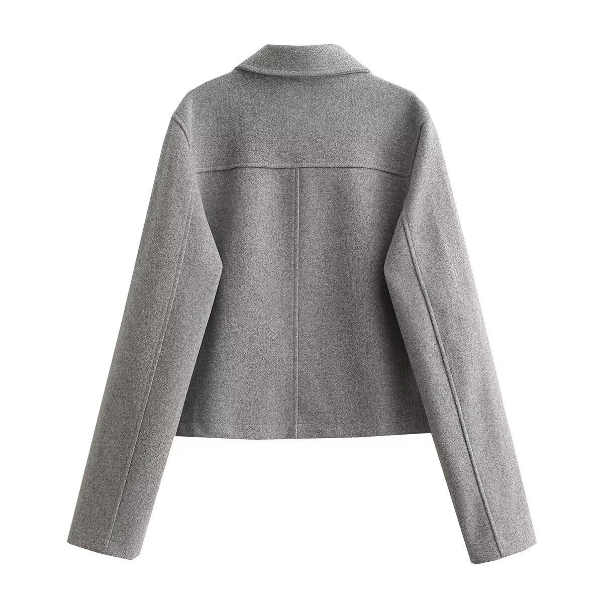 Women’s gray single-breasted jacket back view with long sleeves and centered seam