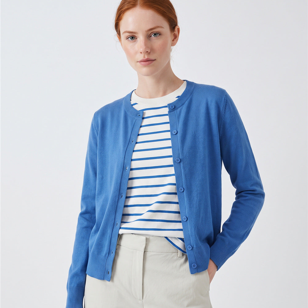 Women’s blue long-sleeve button cardigan sweater with faux striped tee underlayer