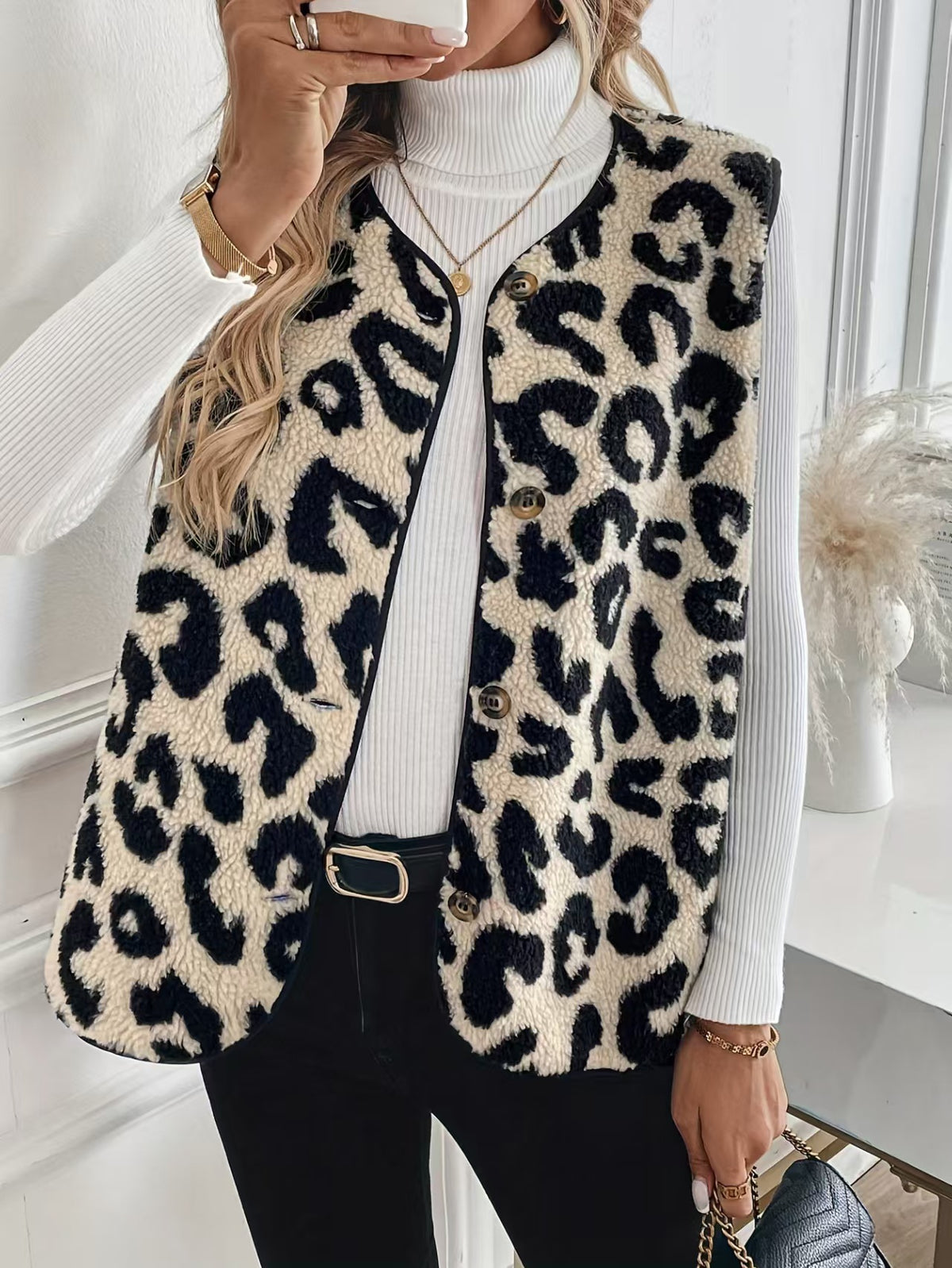 Leopard plush button-up vest with gold buttons and open front